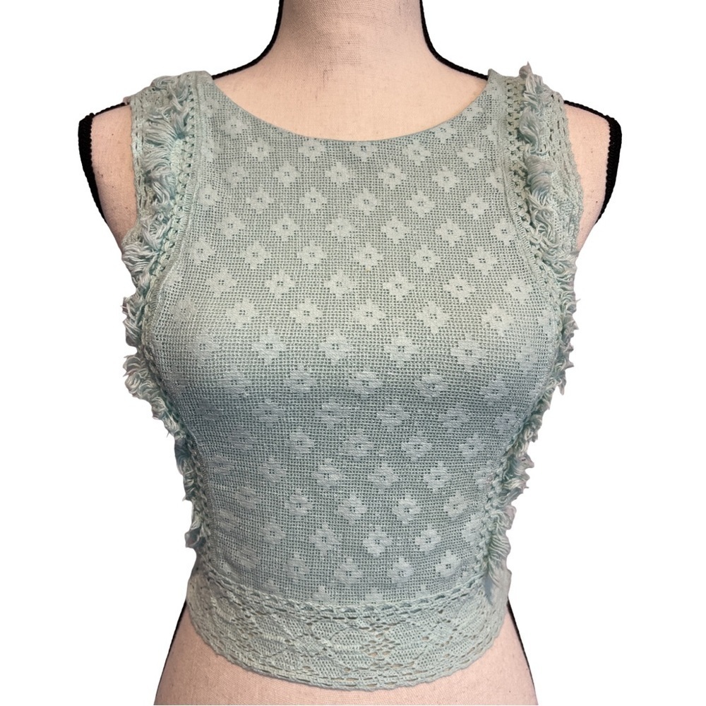 Trafaluc by Zara Knit Embroidered Crop Top with Fringe Detail, Aquamarie, XS​​​​